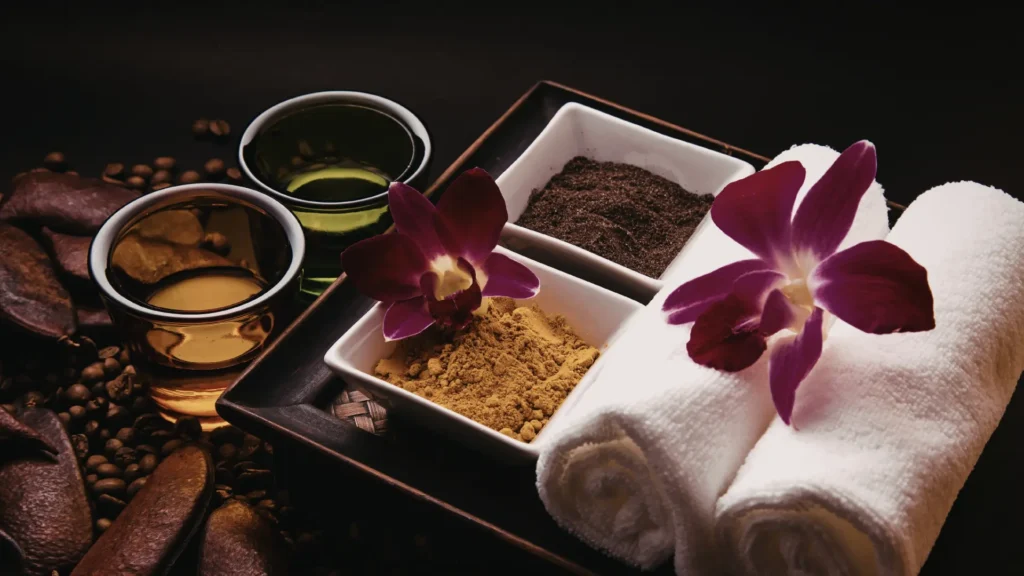 Warm natural wellness sanctuary with soft light and botanical textures